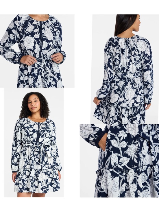 Time and Tru Dresses & Skirts - Time and Tru Peasant Mini Dress 2XL XXL Floral Navy Blue Lace Long Sleeve Boho